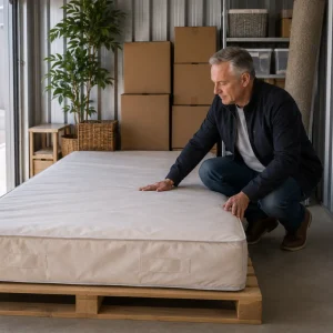 Properly wrapped mattress stored upright inside secure UK container storage unit safely.