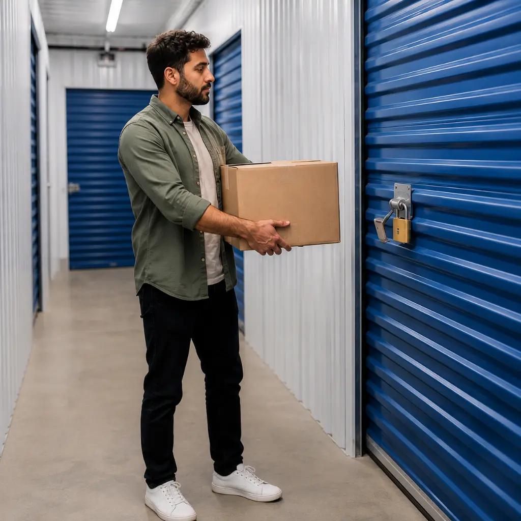 Customer carrying storage box into secure UK self-storage unit with padlock
