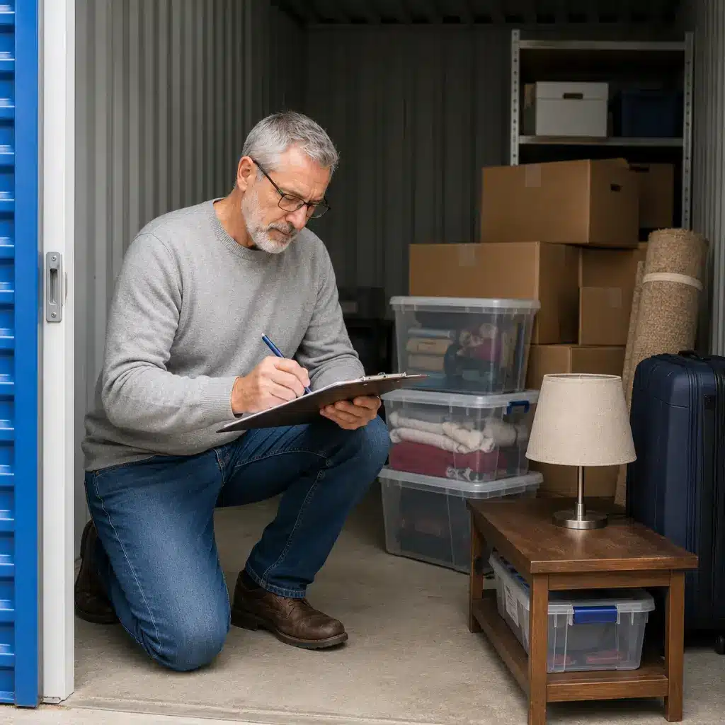Man checking stored household belongings inside secure UK self-storage unit carefully