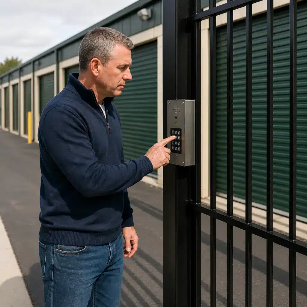 Customer accessing secure UK self-storage facility using electronic security gate keypad