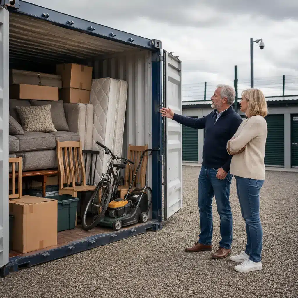 British couple organising household belongings beside secure container storage unit before loading.