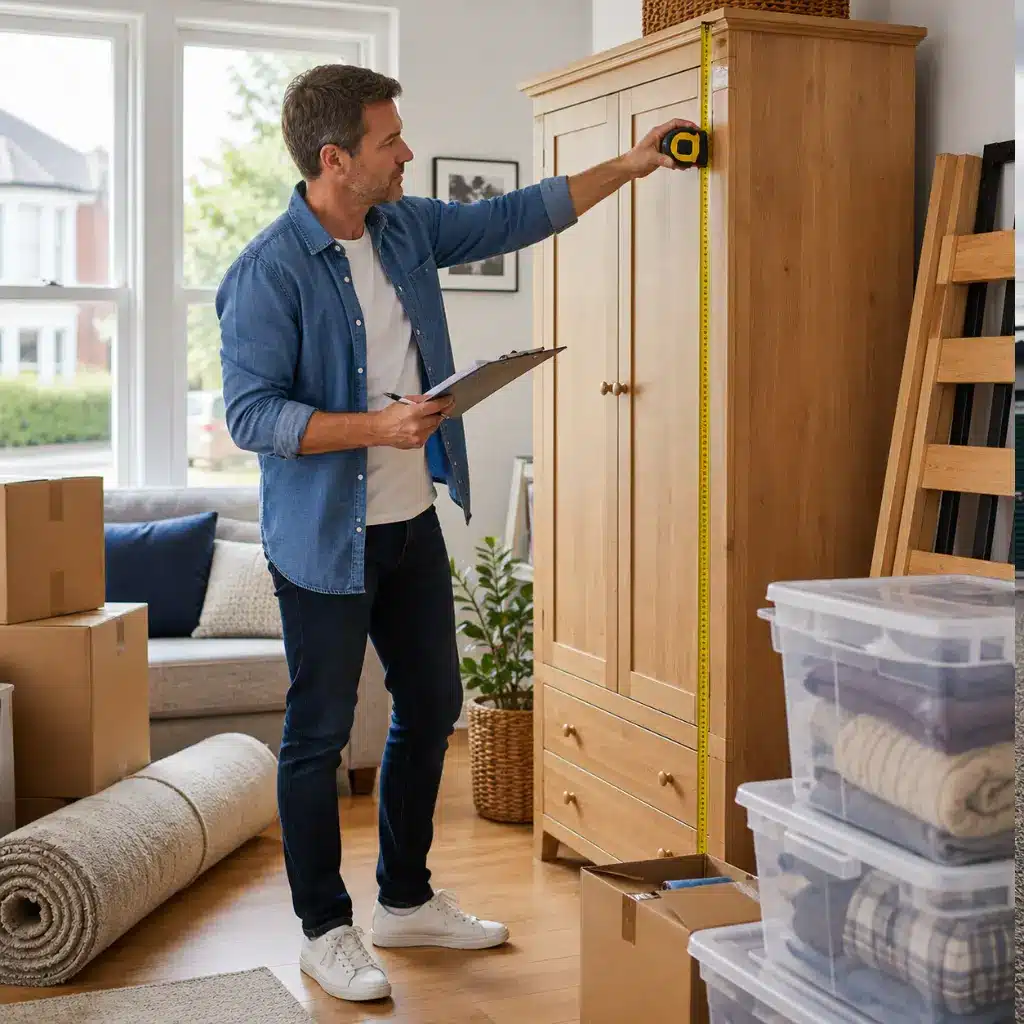 British homeowner measuring wardrobe while planning household storage space before moving home.
