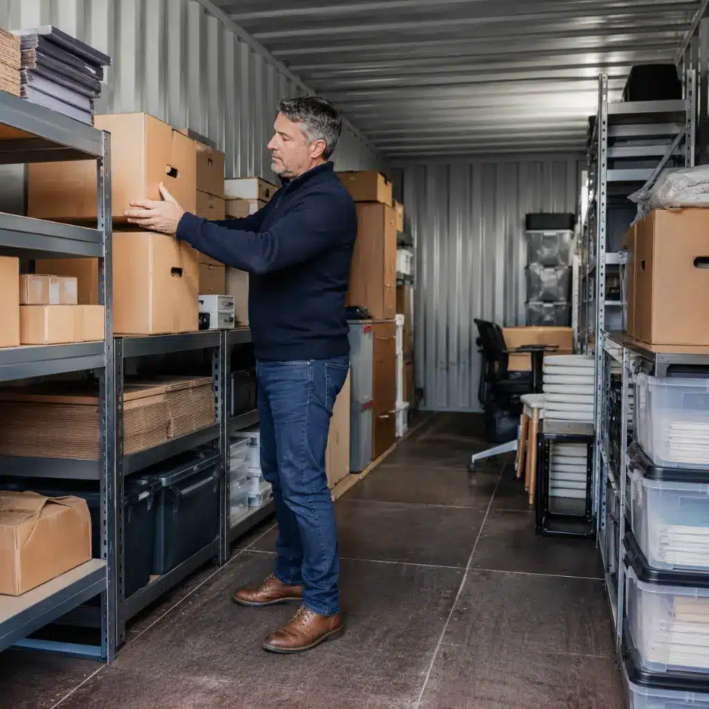British businessman organising archive boxes inside secure container storage facility efficiently today.