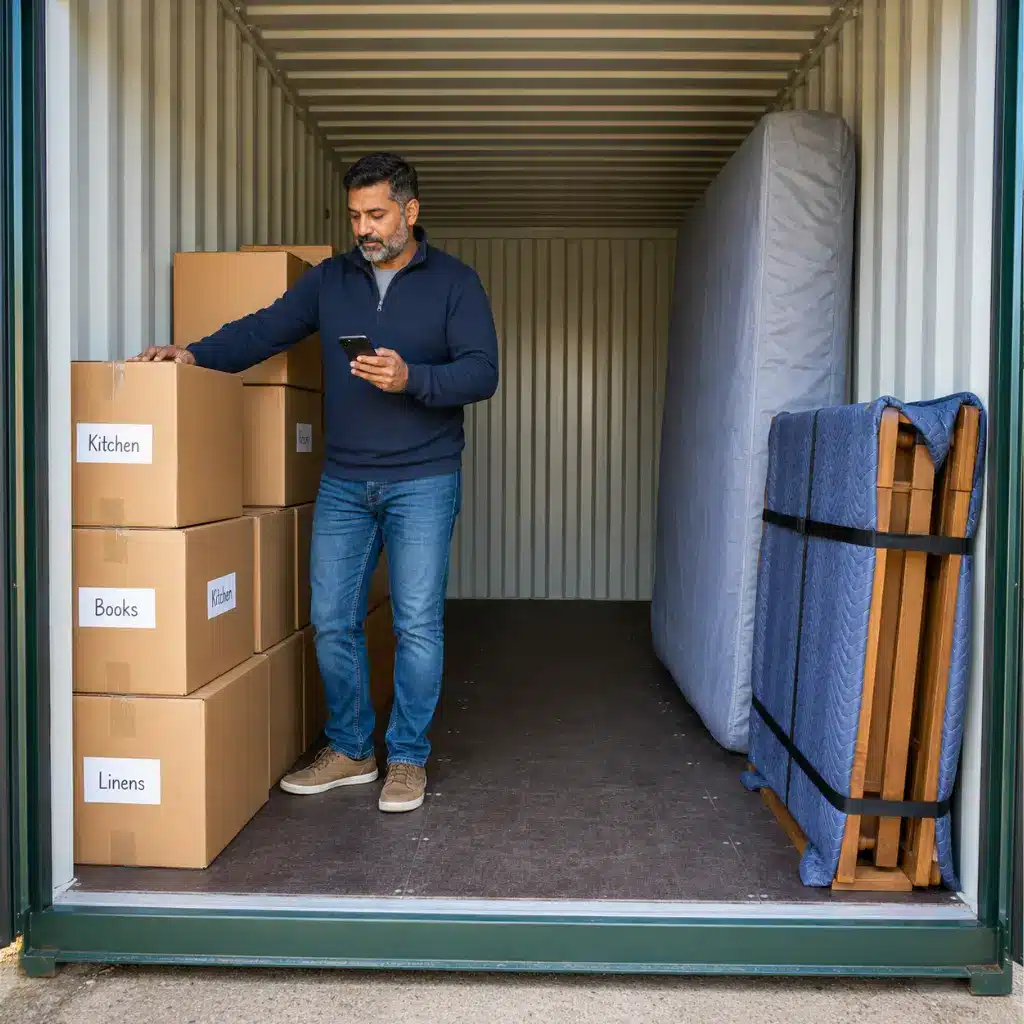 Man organising labelled boxes and wrapped furniture inside a Doncaster storage container 
