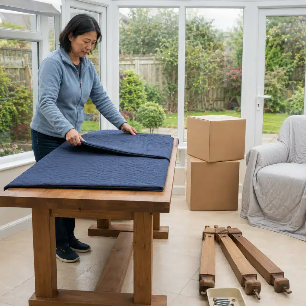 Woman wrapping wooden furniture before placing it into storage 

