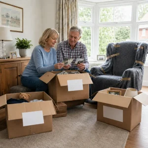 Self Storage News 12 Older couple sorting boxes and furniture while downsizing their UK home
