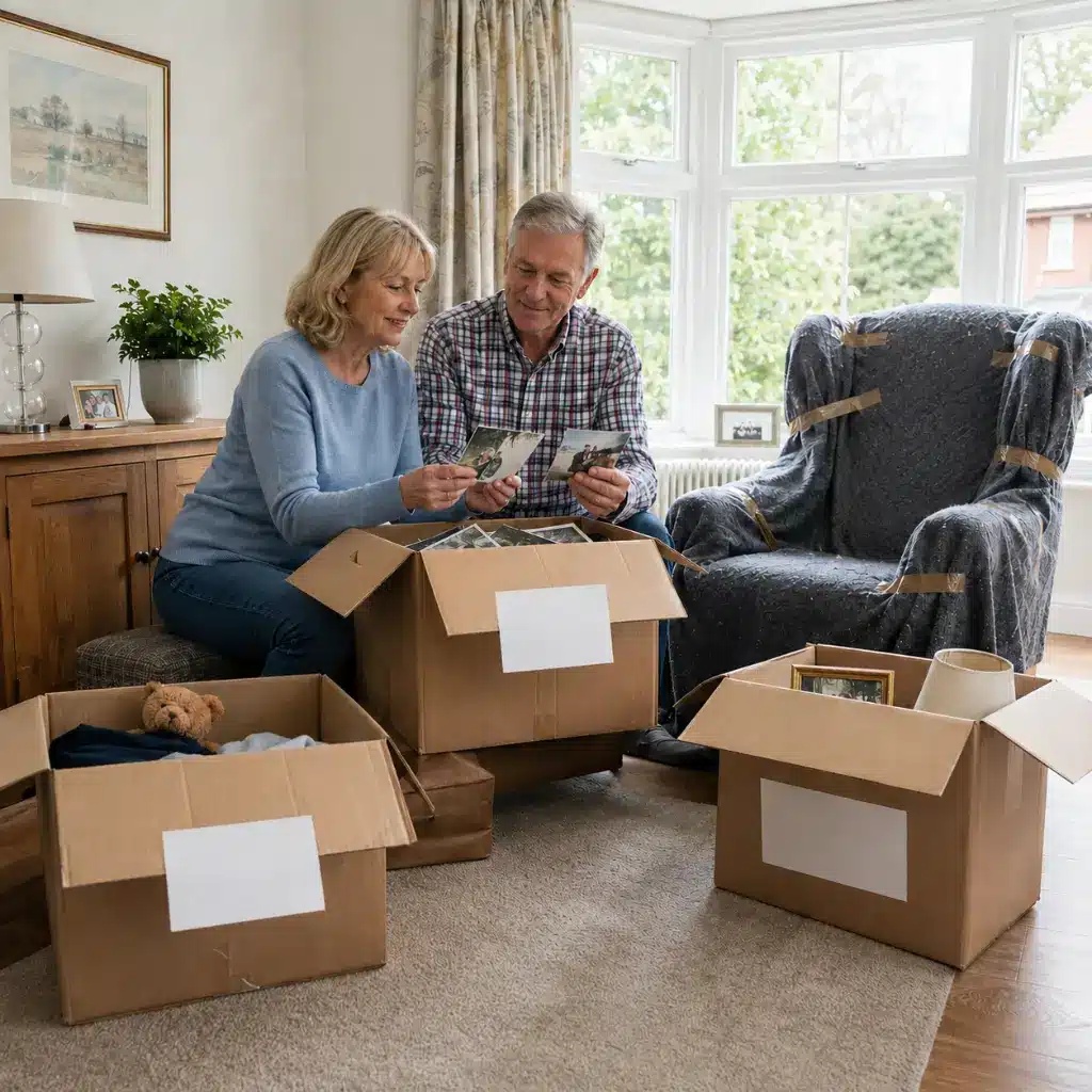 Older couple sorting boxes and furniture while downsizing their UK home