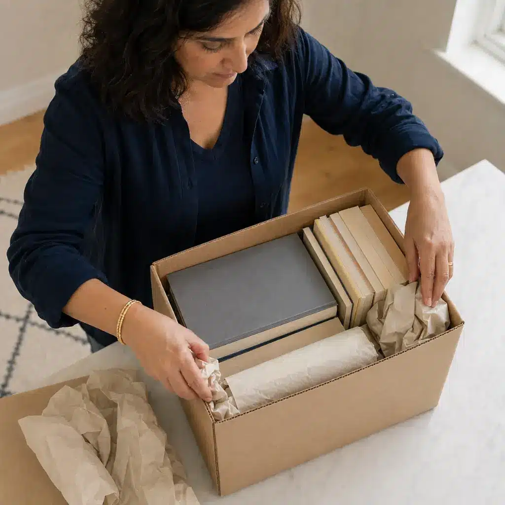 Woman packing hardback and paperback books securely in a strong box 
