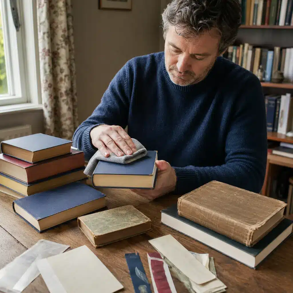 Man carefully dusting books before packing them for long-term storage